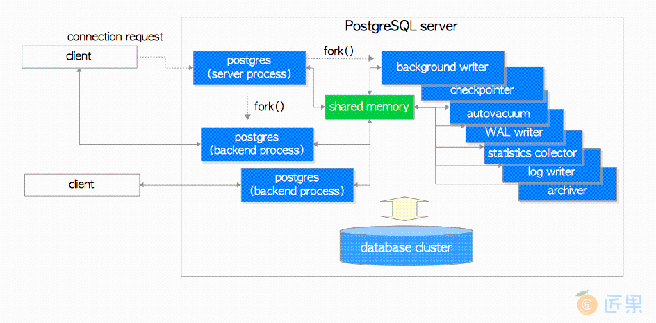 图2.1 PostgreSQL的进程架构示例