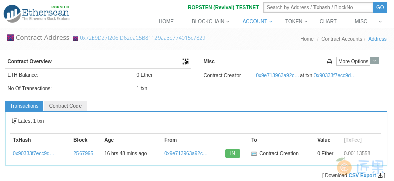 Figure 19. View the Faucet contract address in the etherscan block explorer