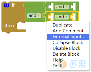 图 18-7　放在if块测试插槽中的“and”块（选择“External Input/外展式输入”以免块的排列过宽）