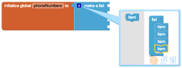图 19-3　使用“make a list”块来定义列表变量phoneNumber