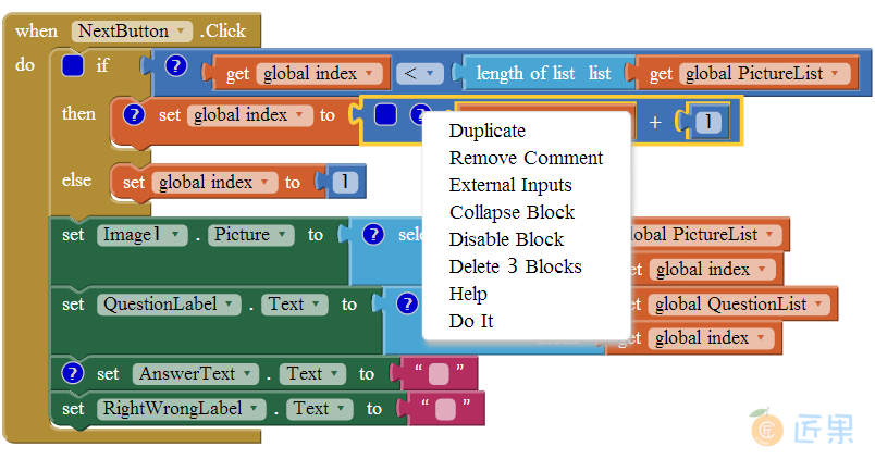 图 15-4　右键点击事件处理程序中的任何一个块，会弹出快捷菜单